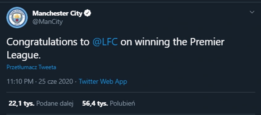 Manchester City gratuluje mistrzostwa Liverpoolowi